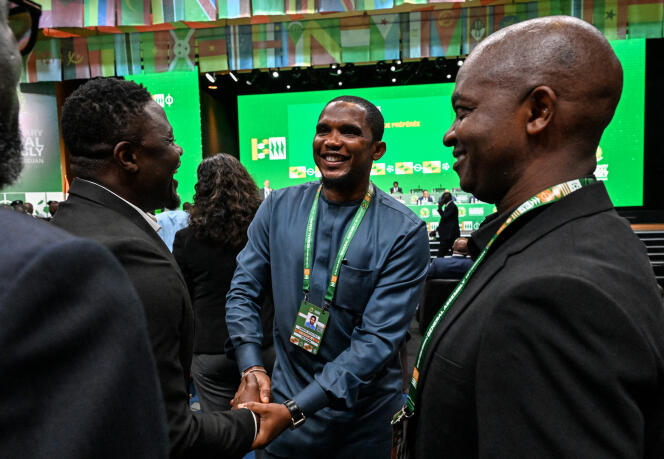 Cameroon Football Federation President Samuel Eto'o on July 13, 2023 in Abidjan, Cote d'Ivoire.