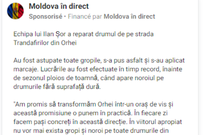 Capture d’écran d’un post sponsorisé sur la page « Moldavie en direct »,  identifié par l’ONG Reset.