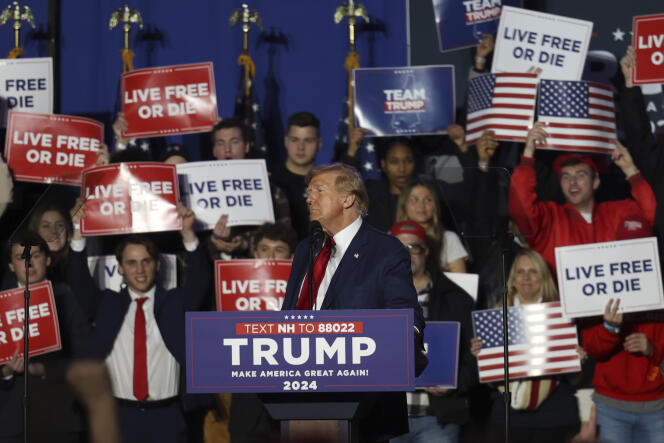 Donald Trump haciendo campaña en Durham, New Hampshire, 16 de diciembre de 2023. 