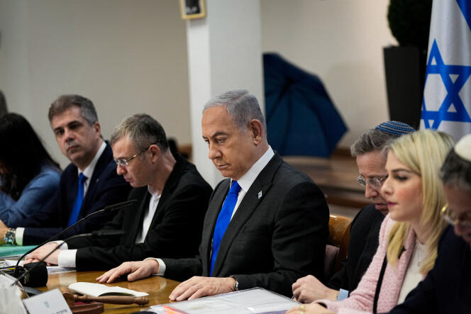 Israeli Prime Minister Benjamin Netanyahu during a meeting at the Ministry of Defense on December 24, 2023 in Tel Aviv, Israel. 