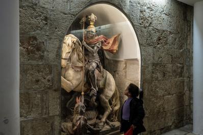 A sculpture of Saint-George, in the entrance to the Church of the Nativity, Bethlehem, West Bank, December 24, 2023.