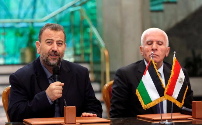 Hamas political bureau number two, Saleh al-Aruri (left), during a press conference in Cairo, Egypt in October 2017.