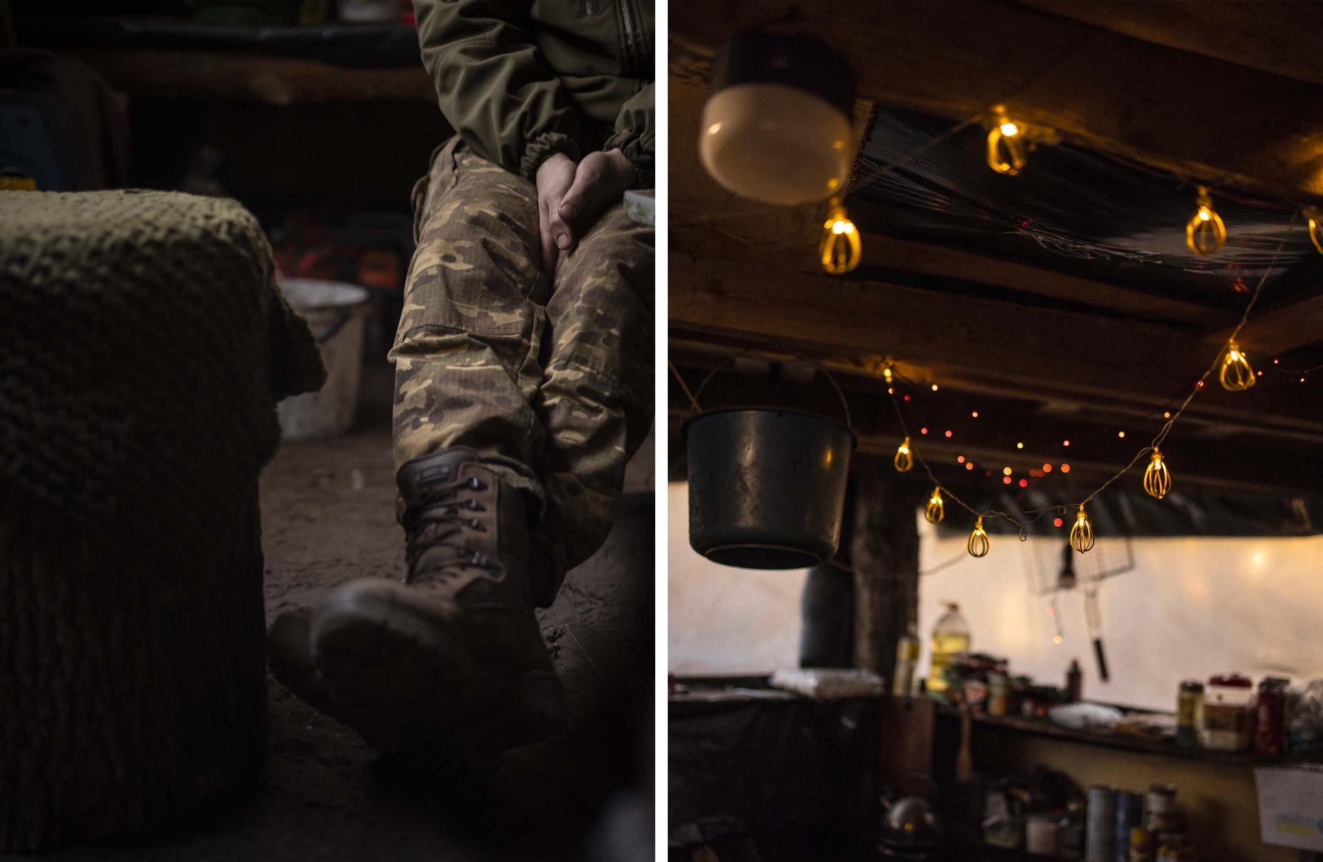 A Ukrainian soldier, and garlands for the festive season, at the military rest camp in the Donbas.
