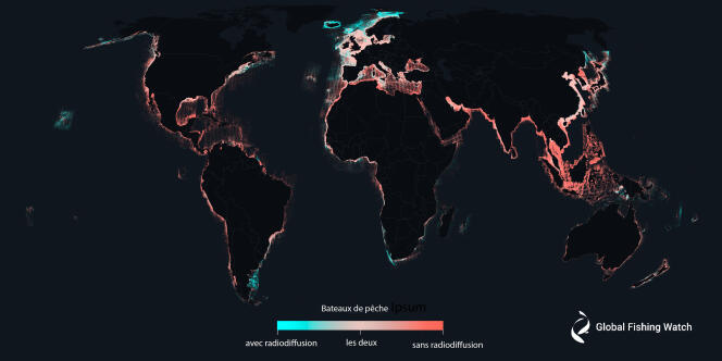 Mapa global de actividad de los buques pesqueros, 2017-2021.  El análisis de los datos revela que alrededor del 75% de los buques pesqueros industriales del mundo no cuentan con un seguimiento público y que gran parte de esta pesca se realiza en África y el sur de Asia.
