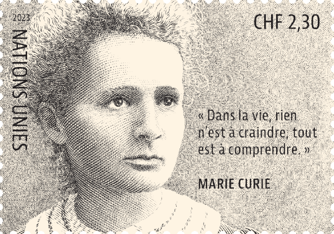 Marie Curie, timbre des Nations unies paru en 2023.