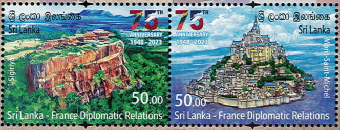 Timbres du Sri Lanka paru en 2023 pour le 75e anniversaire de ses relations diplomatiques avec la France.