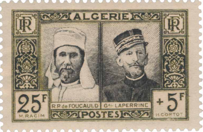 Cinquantenaire de la présence française à In Salah. Père de Foucauld et général Laperrine, timbre paru en 1950.