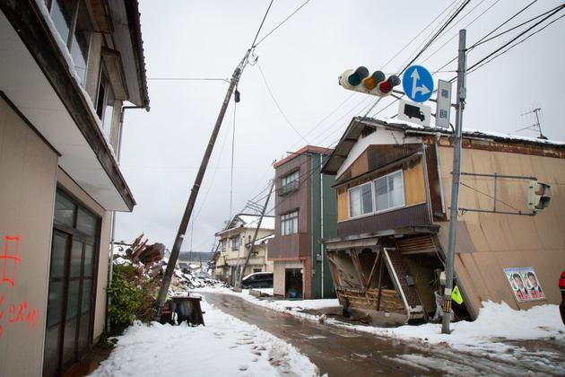 Most of the houses in the Ukai district, shown here on January 9, 2024, in the town of Suzu, have been destroyed. This is one of the areas hardest hit by the tsunami and earthquakes.
