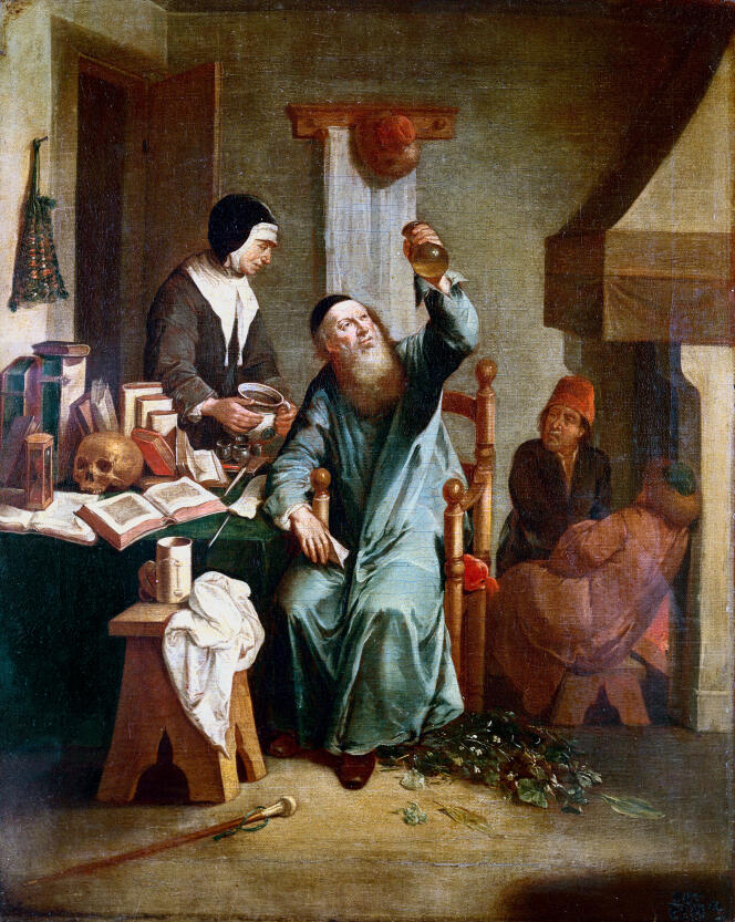 Un médecin examine un flacon d’urine apporté par une femme. Peinture à l’huile d’après Caspar Netscher (1635).