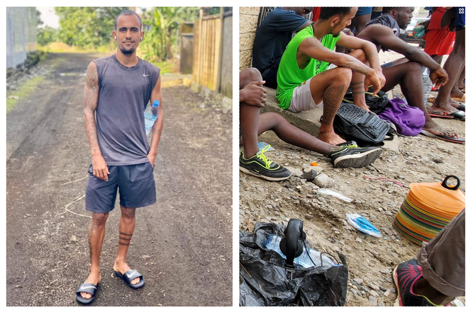 A gauche, photo du compte Instagram de Wilfried Nathan Douala, 17 ans, sélectionné pour participer à la Coupe d’Afrique des nations avec le Cameroun. A droite, un joueur du club de l’Oryx de Douala (maillot vert) qui disait s’appeler Alexandre Bardelli et avoir 21 ans, photographié par « Le Monde » en janvier 2022. Les deux hommes ont les mêmes tatouages.