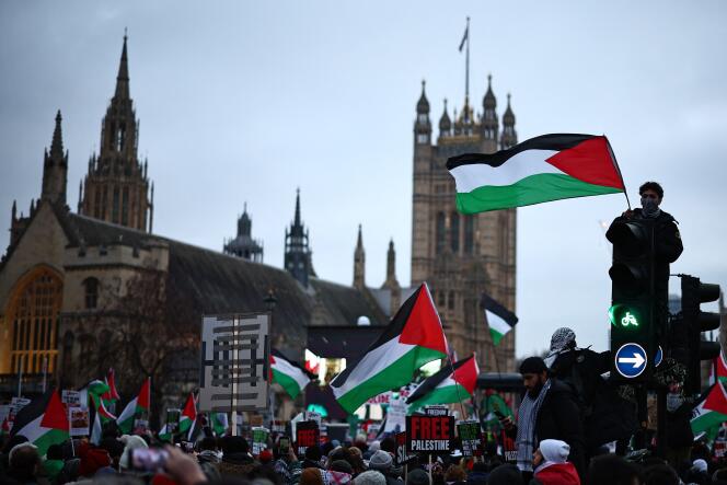 Un manifestant brandit un drapeau palestinien lors d’une « Marche nationale pour la Palestine » dans le centre de Londres le 13 janvier 2024.
