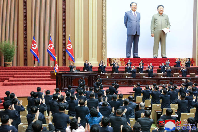 North Korean leader Kim Jong-un speaks at the Parliament Building on January 15, 2024 in Pyongyang.