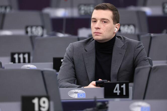 President of the French far-right Rassemblement National (RN) party Jordan Bardella attends a plenary session at the European Parliament on January 16, 2024 in Strasbourg, eastern France.