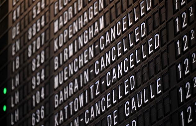 Cancelled flights are displayed on a board at the airport in Frankfurt am Main, western Germany, on January 17, 2024.