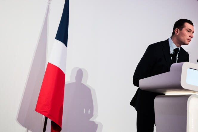 Le président du Rassemblement national, Jordan Bardella, lors de vœux à la presse, à Paris, le 15 janvier 2024.