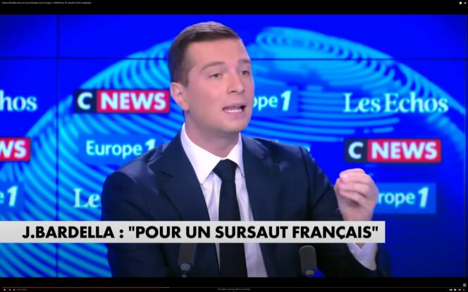 Le président du Rassemblement national, Jordan Bardella, dans l’émission « Le Grand Rendez-Vous » sur Europe 1 et CNews, le 22 octobre 2023.