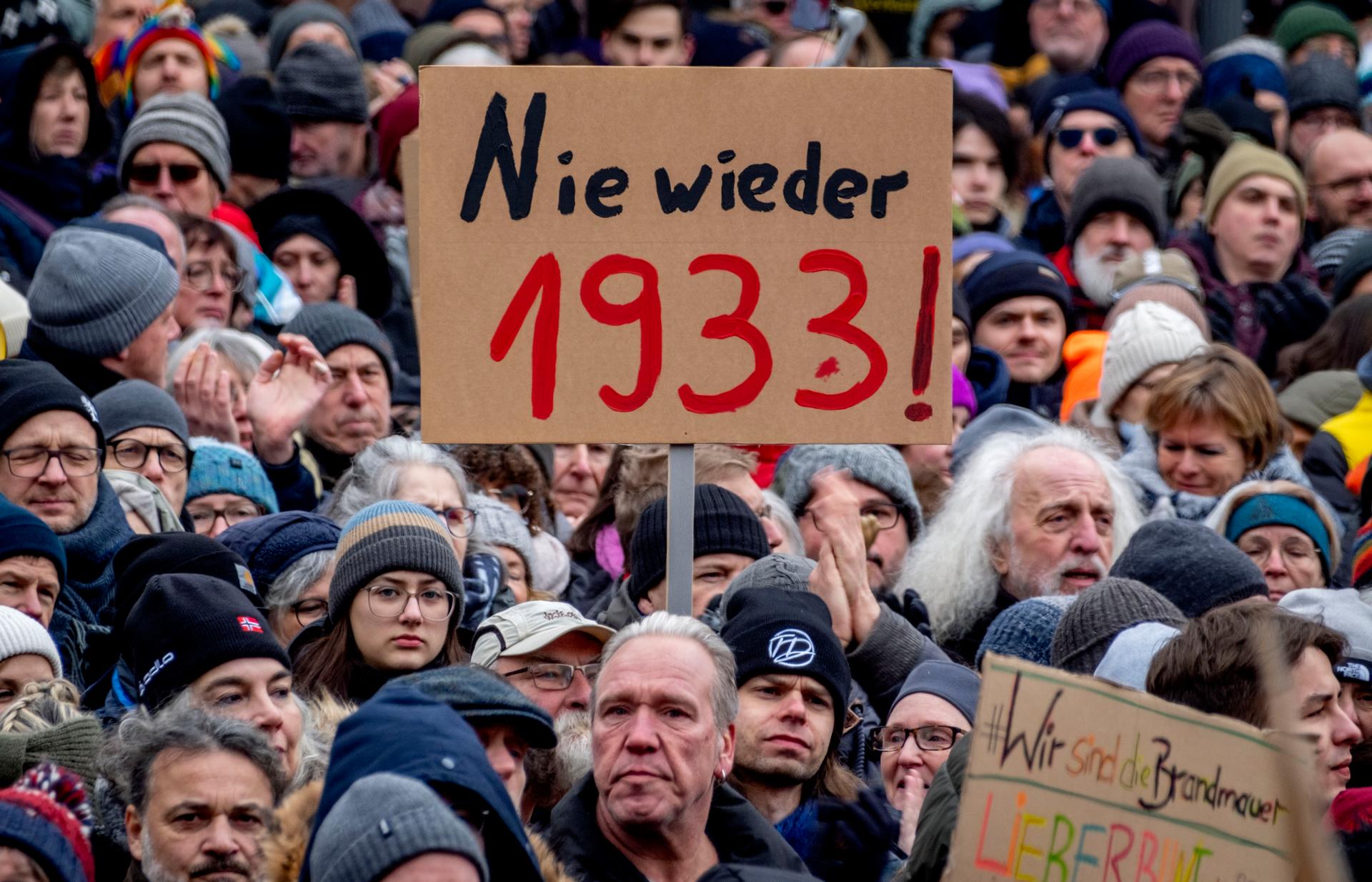  "Never again 1933" on a sign at a demonstration in Frankfurt am Main, Germany, on January 20, 2024.