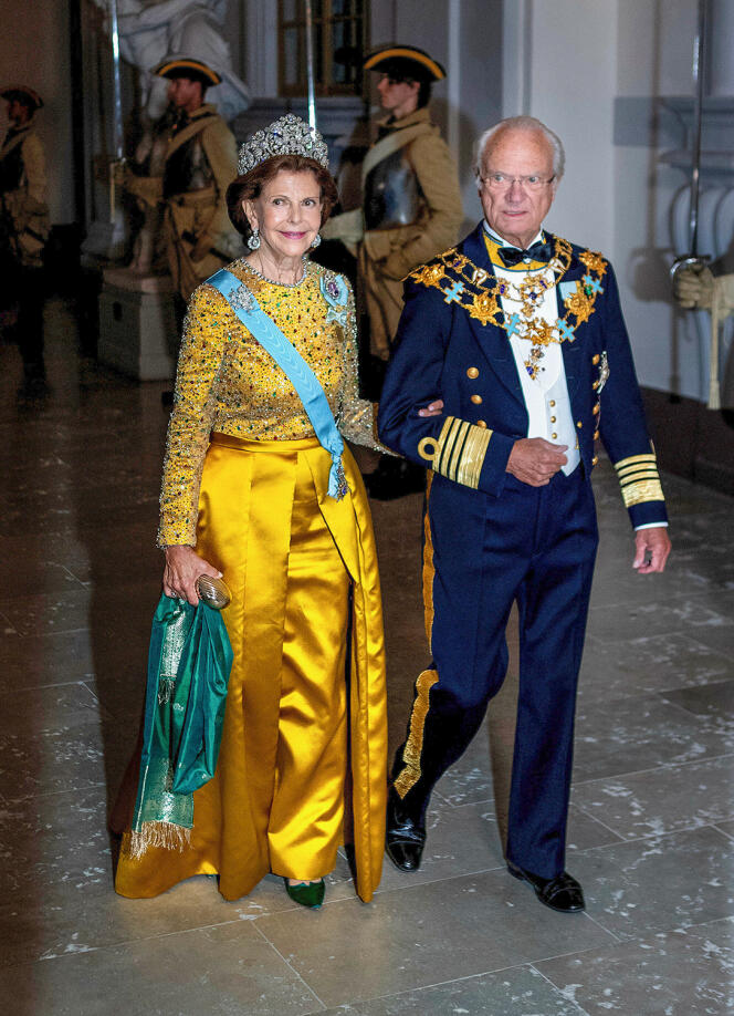 La reine Silvia et le roi de Suède Charles XVI Gustave, lors de la célébration du jubilé, à Stockholm, le 15 septembre 2023.