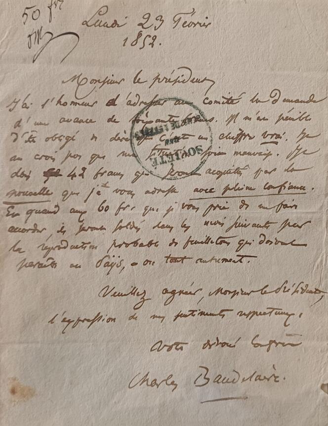 Lettre de Charles Baudelaire datée du 23 février 1852, dérobée en 1980 et restituée à la Société des gens de lettres en novembre 2023.