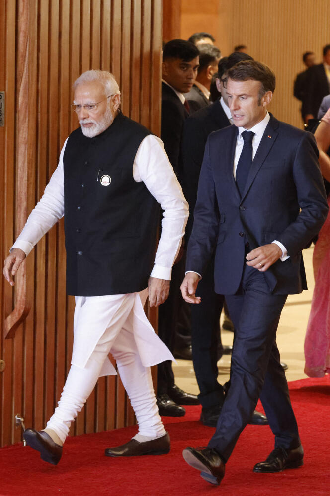 Le premier ministre indien, Narendra Modi, et le président français, Emmanuel Macron, lors du sommet du G20, à New Delhi, le 10 septembre 2023. 