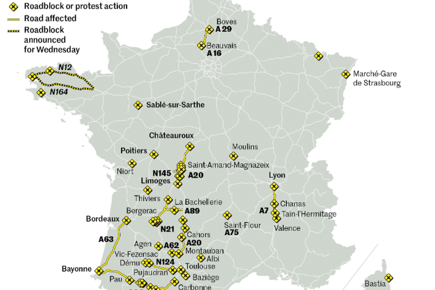 French farmers' protests: Map of the main roadblocks
