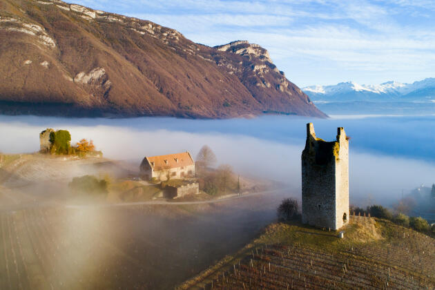 Une des tours en ruine et les vignobles de la commune de Chigin, en Savoie.