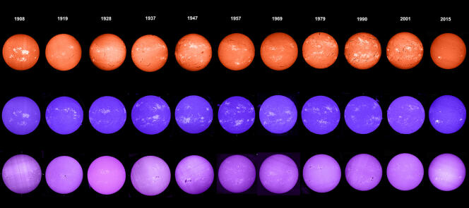 Les maxima d’activité du Soleil lors des 10 cycles depuis 1908 saisis par le spectrohéliographe de l’Observatoire de Paris, à Meudon (Hauts-de-Seine).