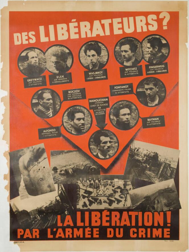 L’Affiche rouge est publiée par la propagande allemande au moment du procès et de l’exécution des membres du groupe Manouchian-Boczov, formé de résistants communistes immigrés, en février 1944.