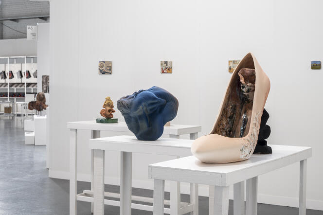 Des œuvres de Kevin McNamee-Tweed et Anne Marie Laureys, de la galerie Tatjana Pieters, à la foire Ceramic, à Bruxelles, en janvier 2024.