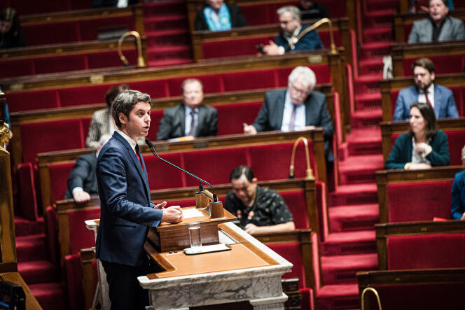 Le premier ministre, Gabriel Attal, lors de son discours de politique générale à l’Assemblée nationale, à Paris, le 30 janvier 2024.