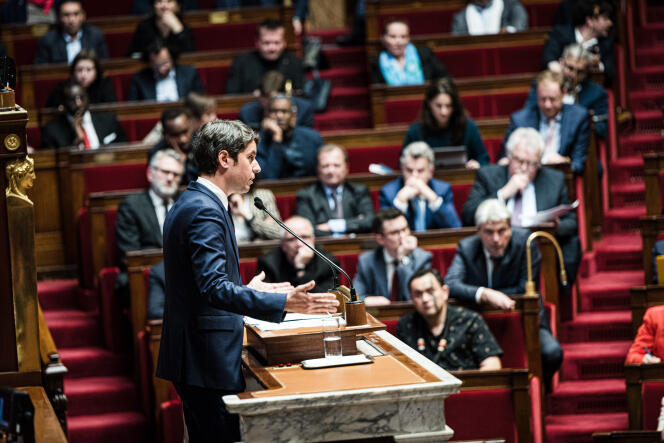Le premier ministre, Gabriel Attal, lors de son discours de politique générale à l’Assemblée nationale, à Paris, le 30 janvier 2024.