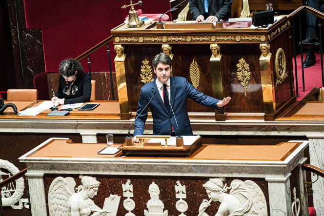 Le premier ministre, Gabriel Attal, lors de son discours de politique générale, à l’Assemblée nationale, à Paris, le 30 janvier 2024.