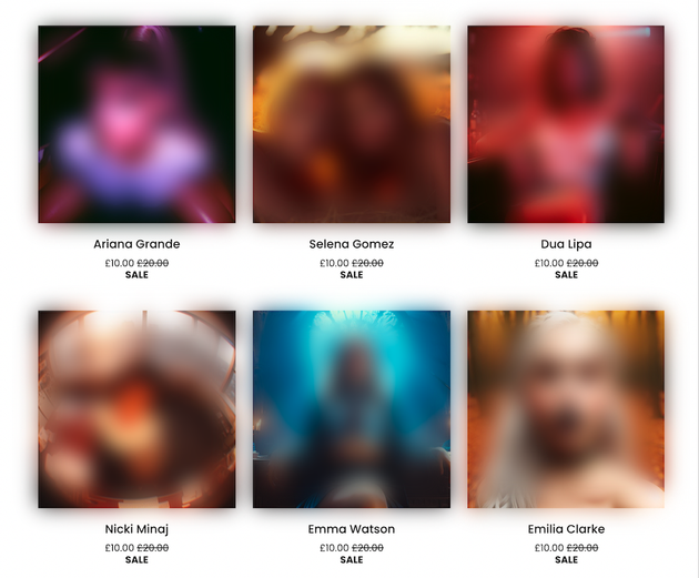 Screenshot of a site selling fake images of various celebrities (deliberately blurred here).