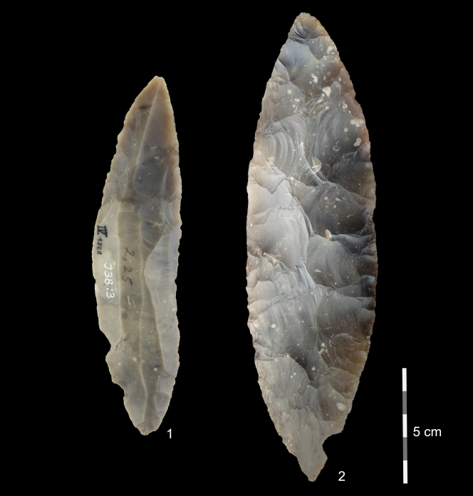 Outils en pierre de type Lincombien-Ranisien-Jermanowicien (LRJ) trouvés sur le site de Ranis, en Allemagne, datés d’environ 45 000 ans, et désormais attribués à des homo sapiens.