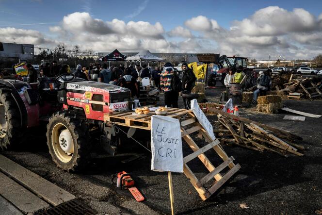 Plusieurs dizaines d’agriculteurs se trouvent sur le péage de Saint-Quentin-Fallavier (Isère), le  2 février 2024. 