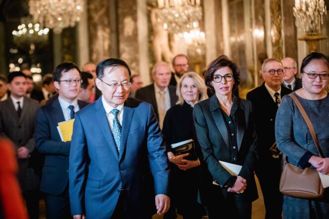 Sun Yeli, ministre de la culture et du tourisme de la Chine, et Rachida Dati, ministre de la culture, lors du coup d’envoi de l’Année franco-chinoise du tourisme culturel et du 60ᵉ anniversaire de l’établissement des relations diplomatiques entre la France et la Chine, au château de Versailles, le 31 janvier 2024.