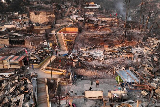 Vue aérienne des conséquences d’un incendie à Villa Independencia, région de Valparaiso, au Chili, le 4 février 2024. 