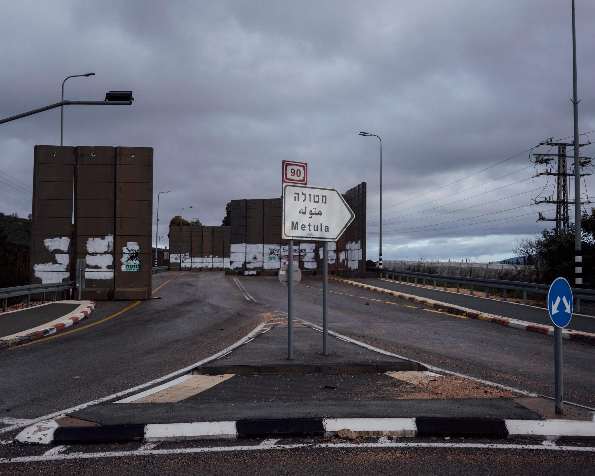 Concrete blocks installed as protection against anti-tank missiles and rockets fired by Hezbollah, on the road leading to Metula, Israel, January 31, 2024.
