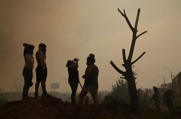 Des habitants aident les pompiers à lutter contre un incendie de forêt sur les collines de Quilpué, au Chili, le 3 février 2024.