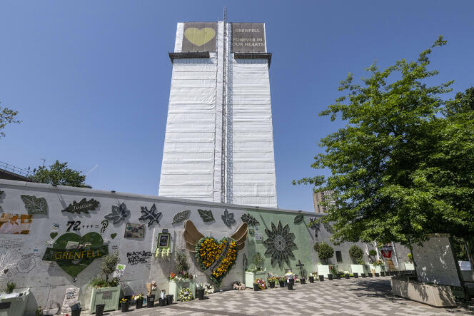 Tributes to the victims of the fire at the foot of London's Grenfell Tower, on June 14, 2023.