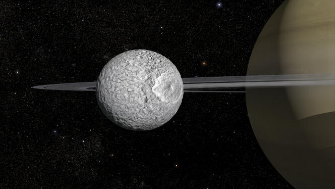 A reconstructed image of Mimas, a moon of Saturn that harbors an ocean beneath its icy crust.