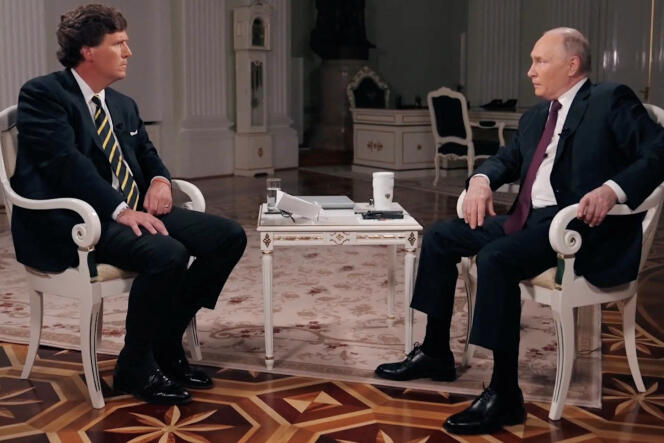 American presenter Tucker Carlson and Russian President Vladimir Putin in Moscow on February 6, 2024.