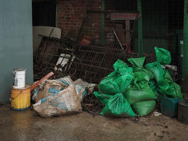 In Romain Blary's garden, numerous sandbags ready for use in the event of flooding. Blendecques, Pas-de-Calais, February 8, 2024.
