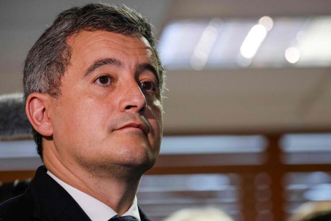 French Interior Minister Gérald Darmanin looks on during a visit of the Bordeaux police station, in Bordeaux, western France, on February 9, 2024.