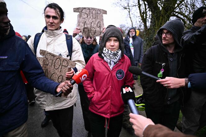 Swedish environmental activist Greta Thunberg takes part in a gathering of opponents of the A69 project between Toulouse and Castres, February 10, 2024.
