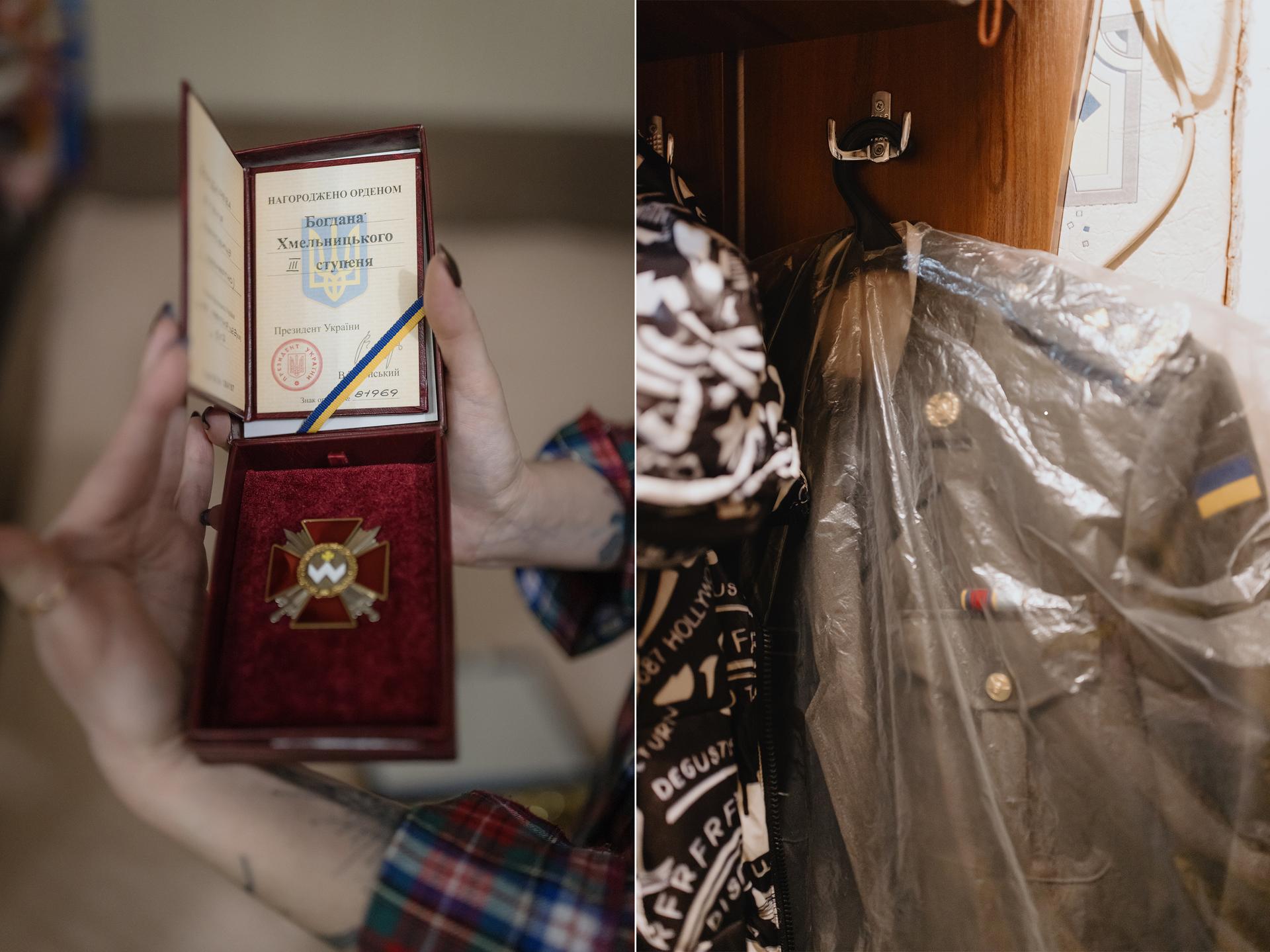 The military medal received by Volodymyr and his uniform. Odesa, Ukraine, February 2, 2024.