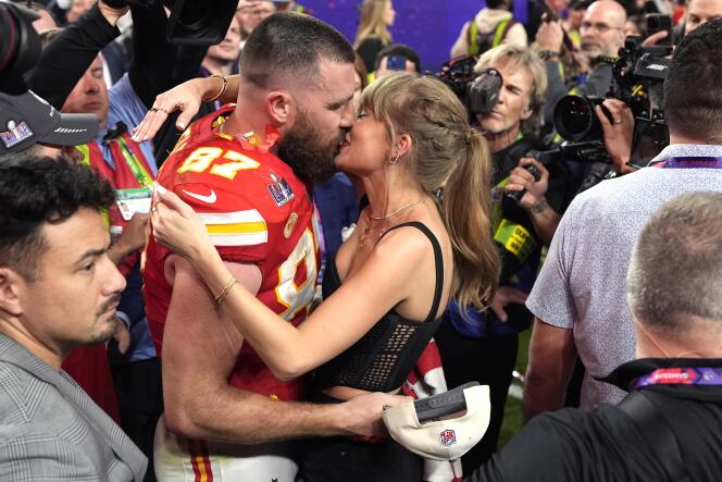 Travis Kelce of the Kansas City Chiefs and Taylor Swift at the end of the Super Bowl at Allegiant Stadium in Las Vegas, Nevada on February 11, 2024.