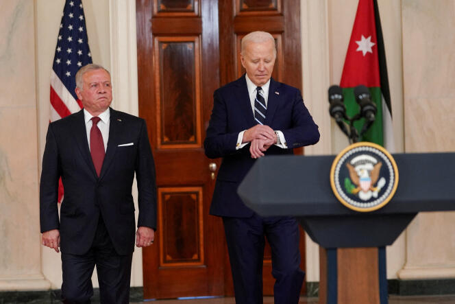 US President Joe Biden and Jordan's King Abdullah attend a press conference to deliver remarks, following their meeting, at the White House in Washington on February 12, 2024.