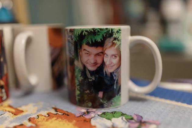 A mug with a photo of Volodymyr and Iryna Bondarenko. Odesa, Ukraine, February 2, 2024.