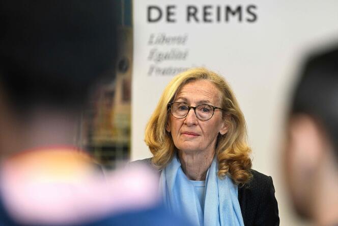 The Minister of National Education and Youth, Nicole Beloubet, attends a visit dedicated to school bullying at the Robert Schumann High School in Reims on February 12, 2024. 